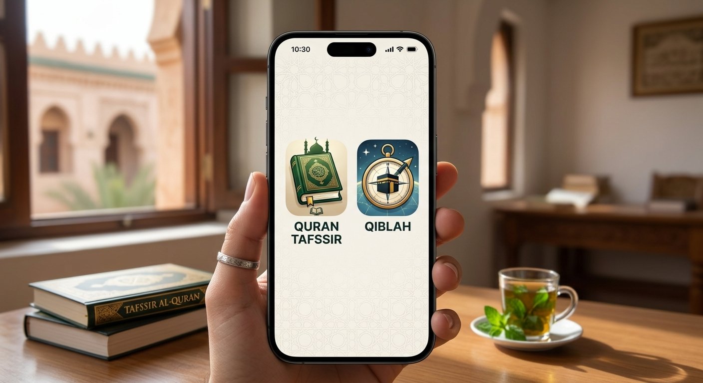 Capture d'écran de l'application Coran avec Tafsir et Qiblah, montrant les icônes Coran Tafsir et Qiblah